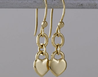 14k Solid Gold Heart Dangle Earrings - Handmade Yellow Gold - Romantic Fine Jewelry