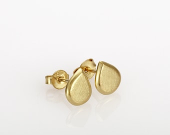 14k Solid Gold Teardrop Stud Earrings - Handmade Minimalist Fine Jewelry - Brushed Finish
