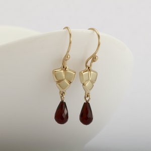 14k Solid Yellow Gold and Garnet Dangle Earrings, January Birthstone Jewelry