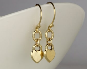 14k Gold Earrings, Gold Heart Earrings, Solid Gold Heart Dangle Earrings, Unique Gold Earrings, Valentines Day Gift For Her