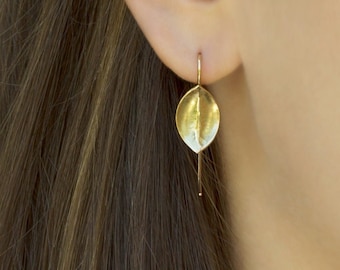 Gold Earrings 14k, Gold Leaf Earrings, Solid Gold Earrings, Handmade Earrings, Yellow Gold Hammered Earrings, Unique Leaf Jewelry for Her