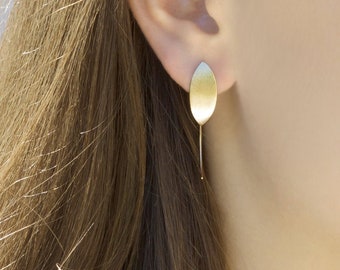 14k Gold Earrings, Modern Earrings, Minimalist Solid Gold Earrings, Marquise Brushed Earrings, Gift For Her