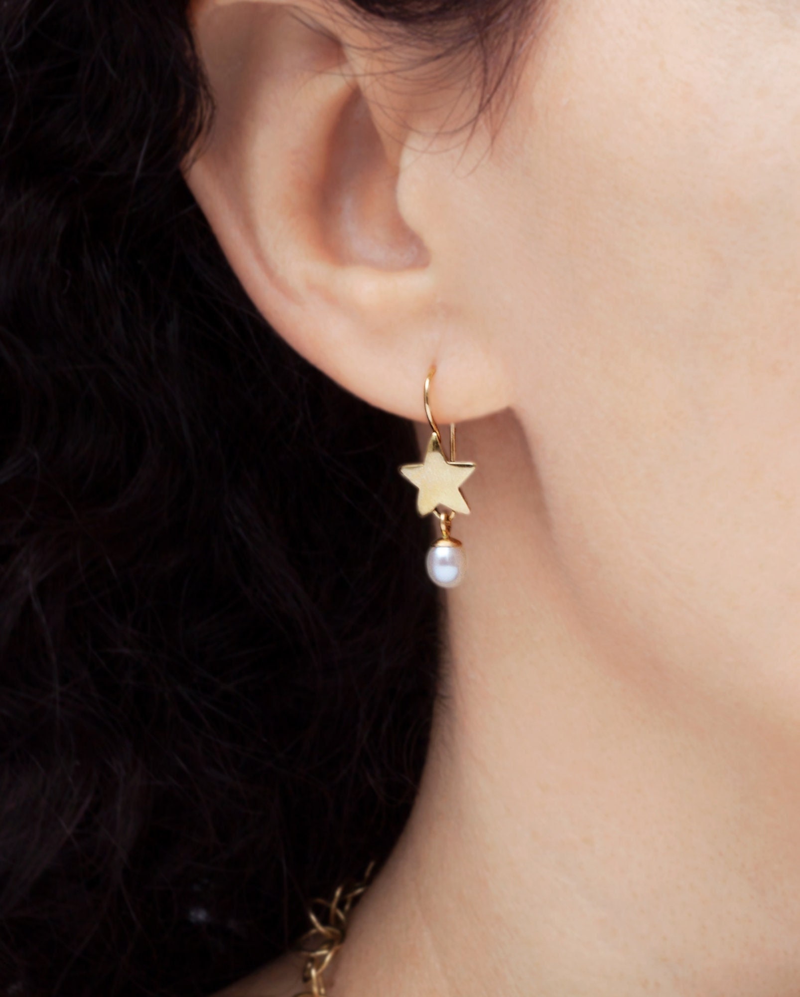 14k Solid Gold Star Earrings - Dangle Pearl Drop Earrings 
