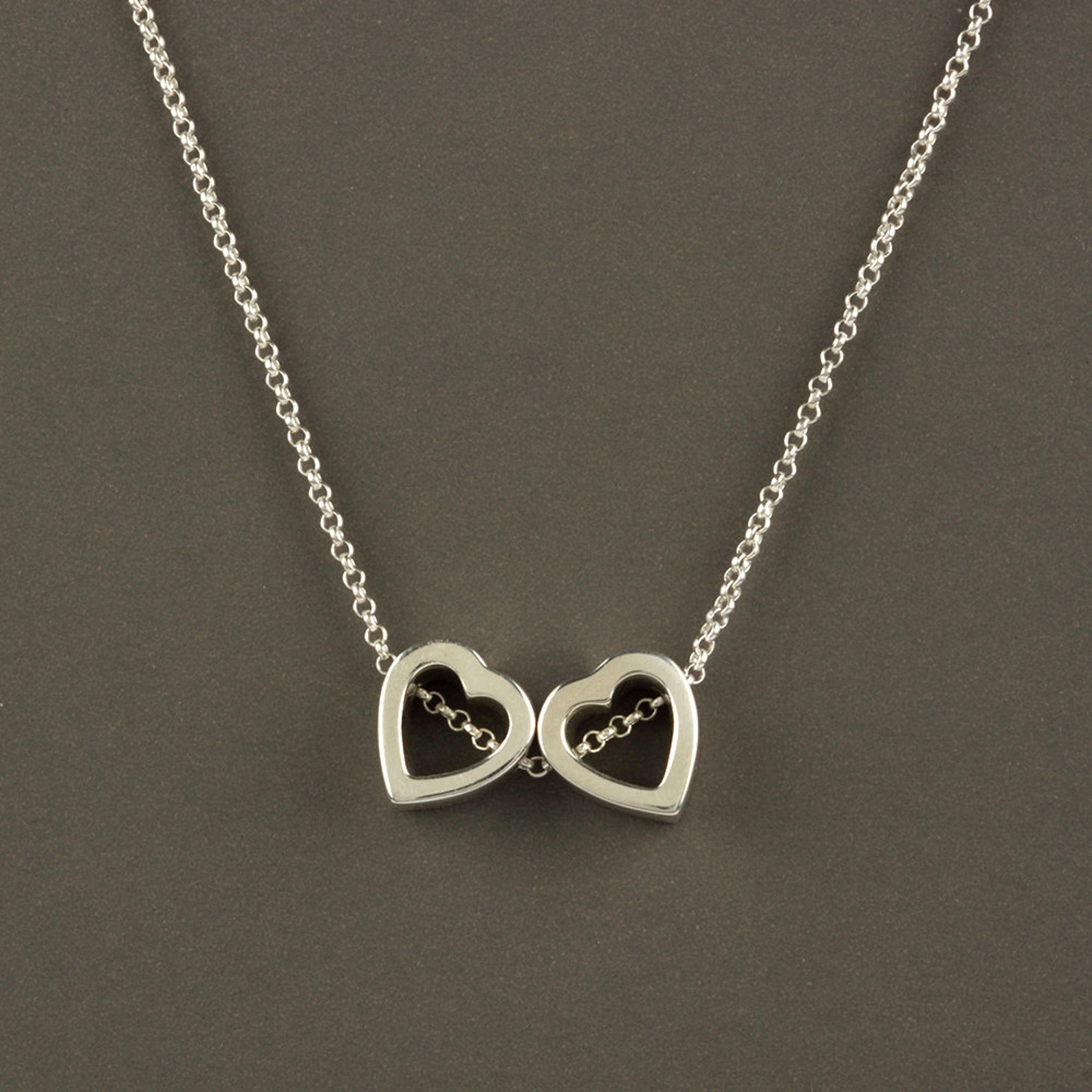 Silver Heart Necklace, Valentines Day Gift, Modern Silver Jewelry, Two