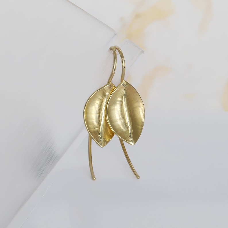14k solid yellow gold leaf shaped hammered drop earrings