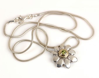 Flower Necklace, Gold Silver Necklace, Silver Flower Pendant Necklace, Green Peridot Birthstone Jewelry, August Birthday Gifts