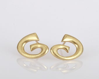 14k Solid Gold Spiral Stud Earrings - Brushed finish - Unique Handmade Fine Jewelry