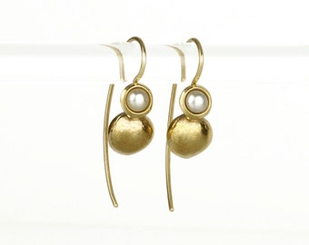 Solid Gold Earrings, Gold Pearl Earrings, 14k Gold Drop Earrings, Unique Gold Earrings, Handmade Fine Jewelry Gift For Her