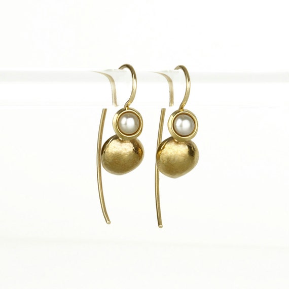Solid Gold Earrings, Gold Pearl Earrings, 14k Gold Drop Earrings, Unique Gold Earrings, Handmade Fine Jewelry Gift For Her