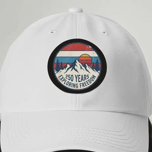 Vintage Americana Dad Hat, Mountain Adventure Leather Patch Cap, 250 Years Freedom Commemorative
