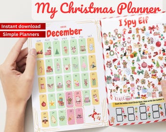 May include: A Christmas planner with the text "My Christmas Planner" in red script. The planner includes a December calendar with festive illustrations and an "I Spy Elf" game. The planner is a fun, festive, 9-page printable.