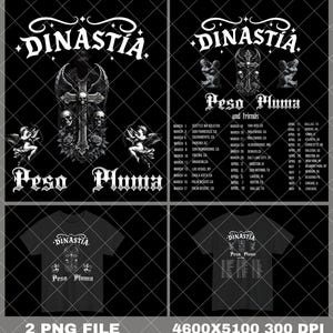 Könnte beinhalten: Ein digitales Grafikdesign mit dem Wort "DINASTIA" in einer stilisierten Schriftart, zusammen mit "Peso Pluma" und einem Tourplan. Das Design enthält gotische Bilder von Totenköpfen, Kreuzen und Engelsfiguren. Das Bild zeigt auch zwei T-Shirt-Mockups mit dem gleichen Design.