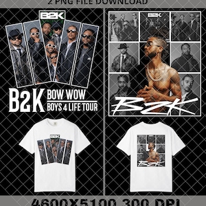 Pode incluir: Duas camisetas brancas com imagens B2K e um gráfico com texto B2K e Bow Wow Boys 4 Life Tour. A imagem também inclui uma colagem de membros B2K e um logotipo B2K. O fundo é preto.