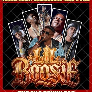 Puede incluir: Gráfico digital con múltiples imágenes de Lil Boosie, con el artista en el centro sosteniendo un micrófono. El diseño incluye el texto "Lil Boosie" en una fuente dorada y ornamentada, sobre un fondo negro con un borde rojo.