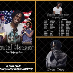 May include: A digital graphic set featuring Daniel Caesar with the text Daniel Caesar Son Of Spergy Tour. The images include concert photos, a tour date list for Asia, North America, and EU/UK, and a portrait of the artist covering their face.