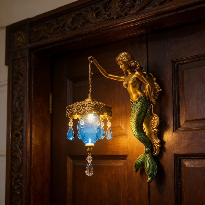 Lámpara de pared retro de sirena azul, bronce antiguo, océano