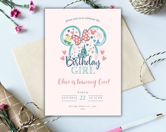 Bewerkbare Disney Birthday Girl Party uitnodiging, Disneyland Castle gepersonaliseerde uitnodiging, afdrukbaar, Instant Download