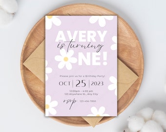 Editable Daisy Invitation, Groovy Party Invitation, Purple Daisy Invitation, Instant Download, Evite sending, Print Today!