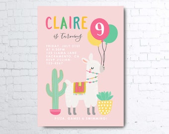 Printable Pink LLAMA Invitations Birthday Party Invites Digital File