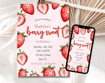 Editable Berry Sweet Strawberry Birthday Invitation, Berry First Birthday, Berry Sweet Girl,  Cute Strawberries 1st Birthday