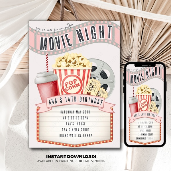 Editable Movie Night Birthday Invitation, Backyard movie night, Girl Birthday Party, Summer Party, Under the Stars, Text/Email Template