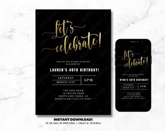 Editable Black and Gold Party Invitation, 40th Birthday, 50th Birthday, 30th Birthday Invitation,  Anniversary Invitation, Modern Invitation