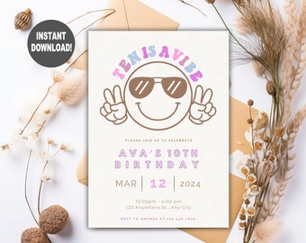 Editable Ten is a Vibe Invitation 5x7 Template, Text/Email Template, Girl Birthday Invitation, Trendy Invites