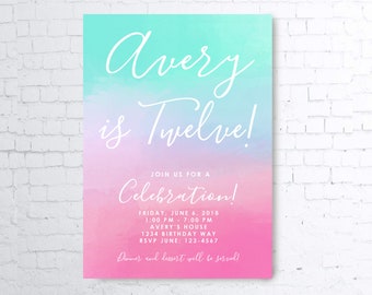 Pink Purple Teal Mint Gradient Ombre Watercolor Birthday Teen Tween Invite Invitation