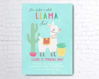 Printable Blue LLAMA Invitations Birthday Party Invites Digital File