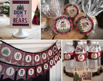 Lumberjack Happy Camper Plaid Birthday Shower Boy Printables/ bear birthday/ happy camper birthday party/ lumberjack birthday party