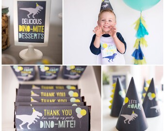 Let's Roar! T-Rex Dinosaur Party Printables Boy Birthday Party Blue, Mint, Lime Green Grey