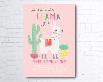 Printable Pink LLAMA Invitations Birthday Party Invites Digital File