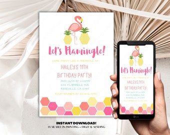 Editable Let's Flamingle Birthday Party Invitation + Evite, Flamingo & Pineapple Birthday Party, Summer Party, Swim Party, Instant Download