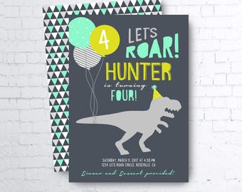 DIY printable Invite: Modern Dinosaur Let's Roar Prehistoric Navy Blue Lime Green Mint Boy Birthday Invitation