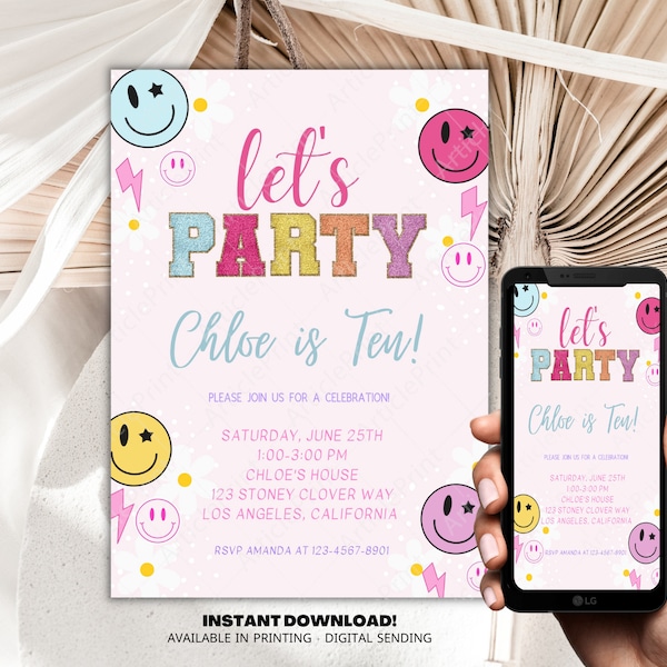 Stoney Clover Inspired Party Invitation, Patch Letter Invitation, Girl Birthday Party Invitation 5x7, Text/Email Template, Instant Download