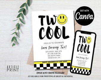 Two Cool Birthday Invitation Boy, Smiley Face, Checkered Invite, Instant Download, Digital Template