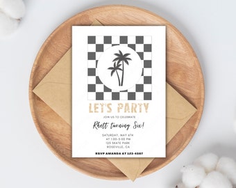 Palm Tree/Checkered Boy Birthday 5x7 Invitation, Beach Party/Surf Party Birthday Invitation, Instant Download, Text/Email Template