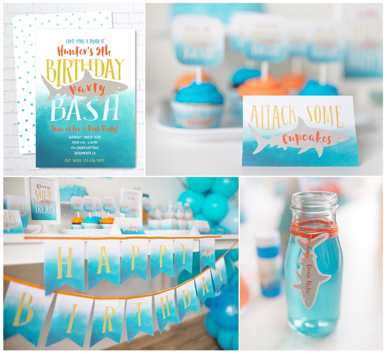 Watercolor Shark Ombre Invite  Printable Set DIY printable image 2