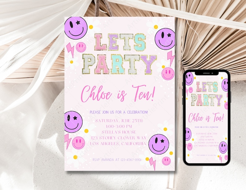 Stoney Clover Inspired Party Invitation, Patch Letter Invitation, Girl Birthday Party Invitation 5x7, Text/Email Template, Instant Download image 1