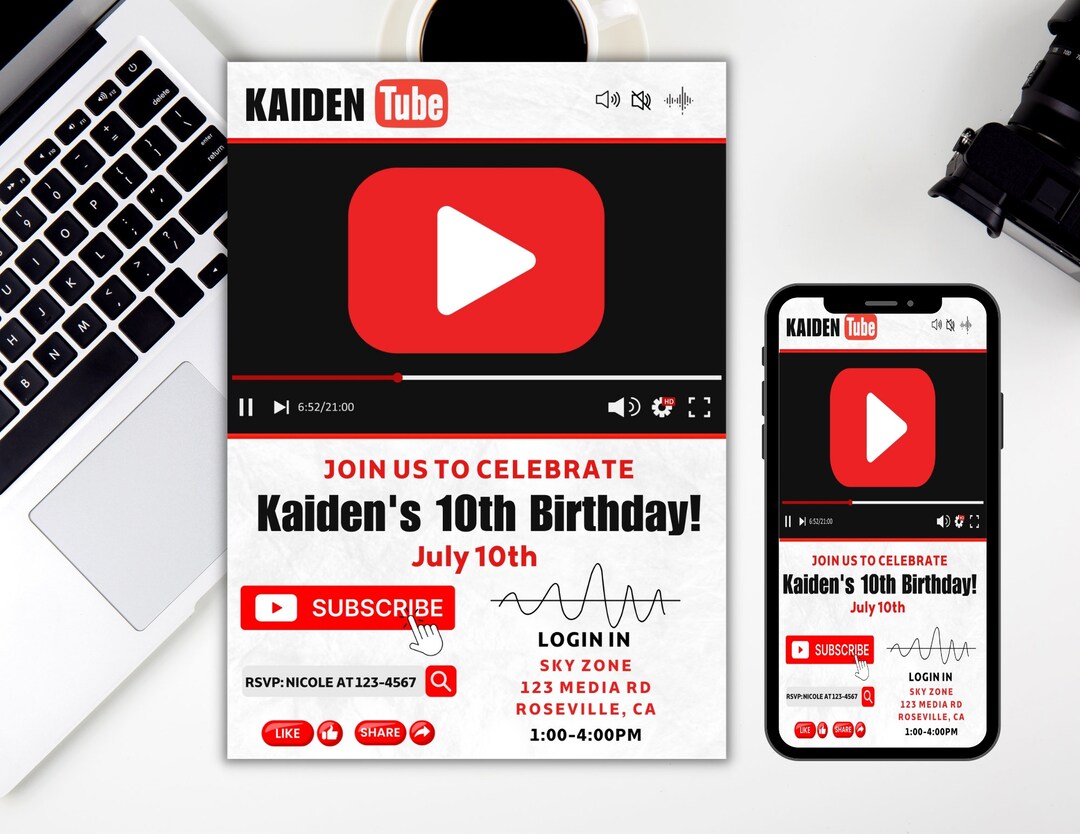 Editable Youtube Invitation, Social Media Party, Youtube Birthday Party