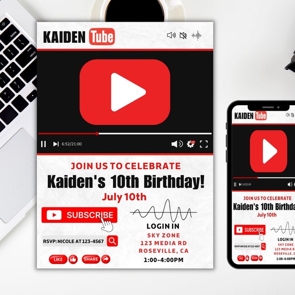 Editable Youtube Invitation, Social Media Party, YouTube Birthday Party, Social Media Invitations, Influencer party, Instant Download