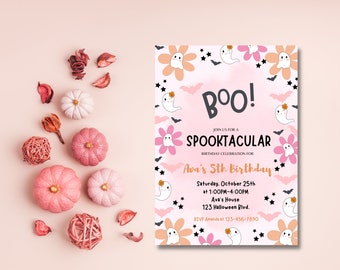 Editable Pink Boo Halloween Invitation, Evite sending, Trendy Halloween Girl Birthday Party Invitation, Spooktacular Party, Instant Download