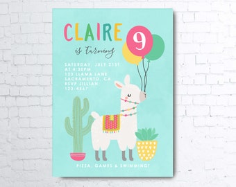 Printable Blue LLAMA Invitations Birthday Party Invites Digital File