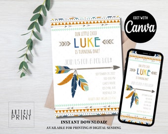 Tribal Birthday Party Invitation 5x7 Template Text/Email Template, Instant Download