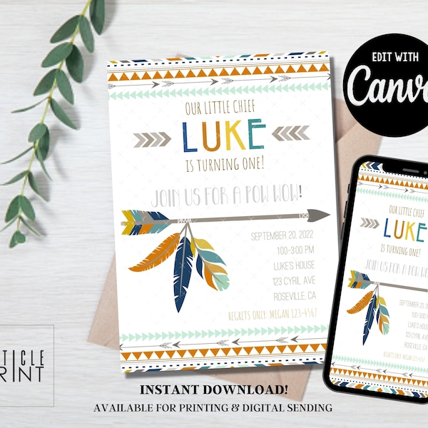 Tribal Birthday Party Invitation 5x7 Template Text/Email Template, Instant Download