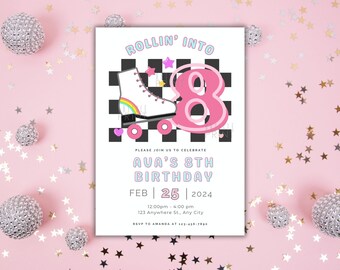 Editable Rollin' Into Birthday Invitation, Roller Skate Party, Girl Birthday Invitation, Instant Download