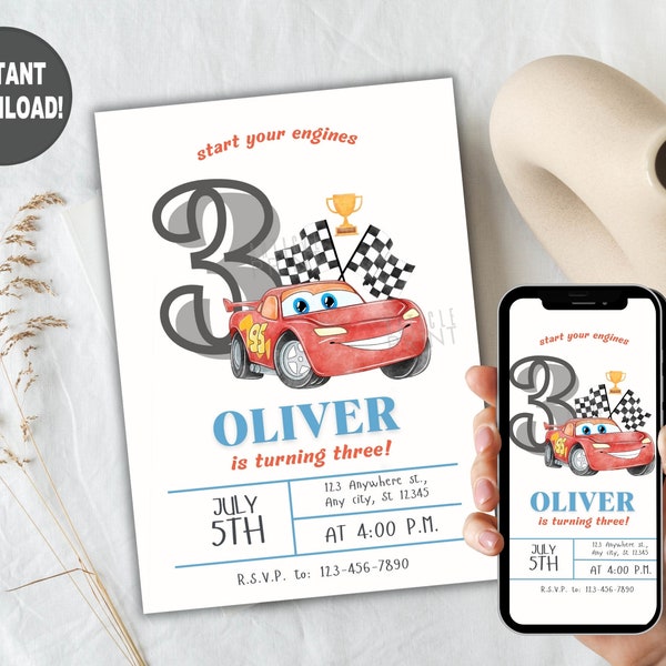 Editable Lightning McQueen Invitation, Cars Birthday Invitation, Lightning McQueen, Boy Birthday,Personalized Digital,Instant Download