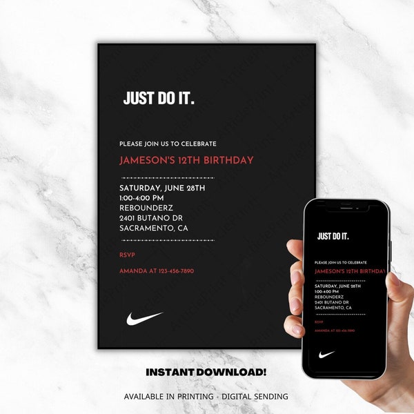 Editable Nike Inspired Invitation, Sneaker Birthday Party, Boy Birthday Party, Instant Download, Evite Sending or Print Today