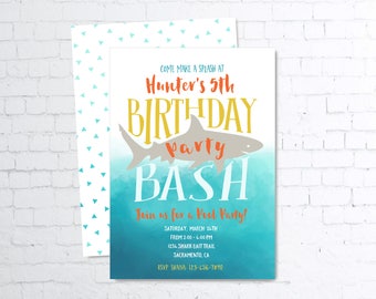 Shark Attack Surfer Beach Pool Party Birthday Invitation
