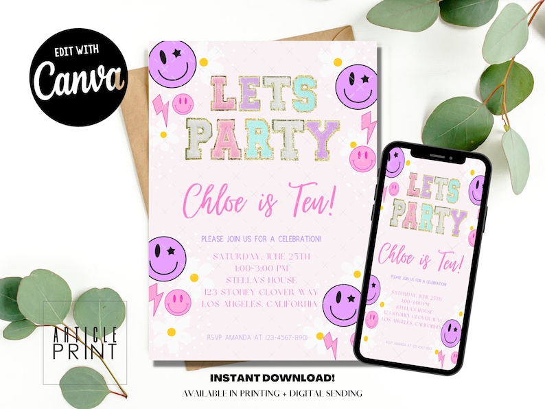 Stoney Clover Inspired Party Invitation, Patch Letter Invitation, Girl Birthday Party Invitation 5x7, Text/Email Template, Instant Download image 2